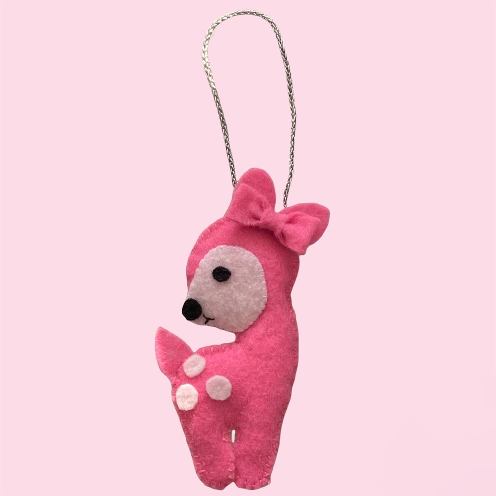 New Cotton Filled Pink Bambi Reindeer Holiday Ornament, Christmas Tree Decor - Picture 2 of 4